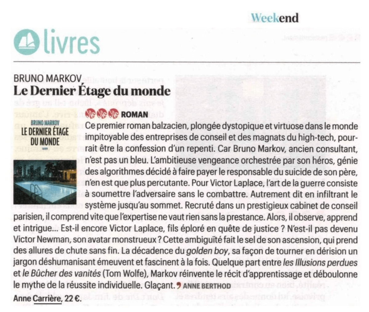 « Premier roman balzacien, plongée dystopique et virtuose » (La&nbsp;Vie)